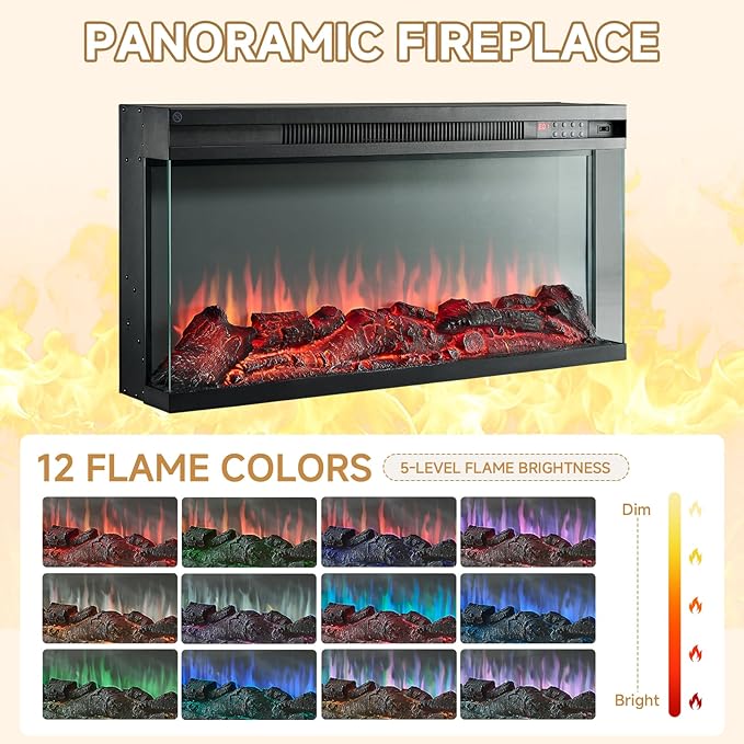 ROCKPOINT 3 Sided Glass 70" Fireplace TV Stand for TVs up to 80", Entertainment Center with Drawers and Glass Door Storage Cabinet for Living Room,36" Electric Fireplace & Adjustable LED Light,White