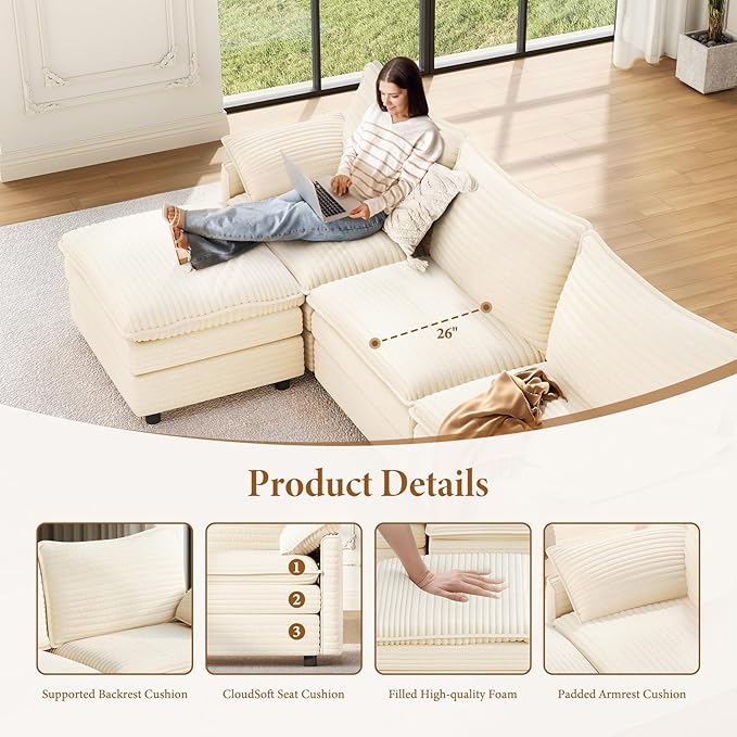 Vesgantti Large Modular Sectional Sofa, Big Comfy Cloud Couch with Ottoman Deep Seat Corduroy Cloud Sofa, 8 Seater Large Sectional Couches for Living Room, Bedroom and Apartment, Beige