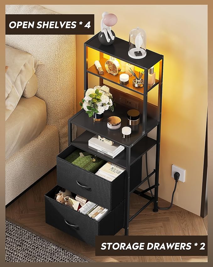 WLIVE Nightstand Set of 2 with Charging Station, LED Night Stand Sets with 2 Drawers and 4 Storage Open Shelves, Fabric Dressers for Bedroom, Black