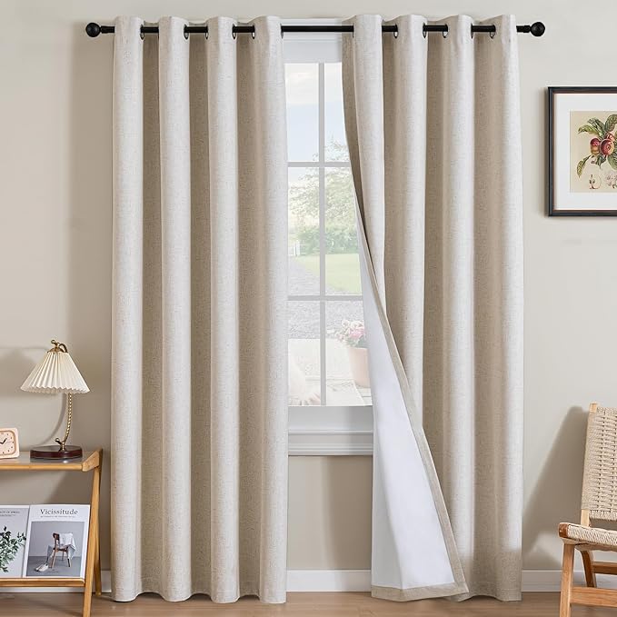 H.VERSAILTEX Linen Curtains 100% Blackout Curtains for Bedroom 108 inch Long Full Light Blocking Nature Linen Blended Window Curtains for Living Room Nickel Grommet (2 Panels, Heathered Natural)