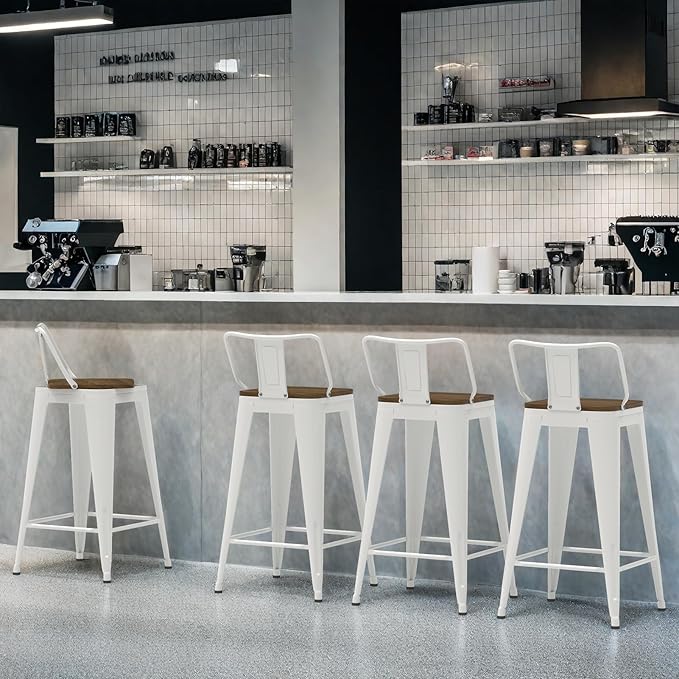 30 Inch Swivel Bar Stools Set of 4, Counter Height Bar Stools with Low Back, Metal Industrial Bar Chairs for Kitchen Island (White)