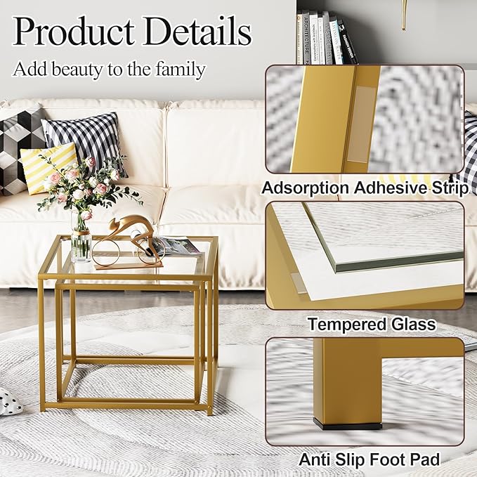 Garden 4 you Coffee Table Set of 2, Modern Glass Nesting Table, Metal Frame Square Center Table Set, Side Tables, Nesting Coffee Table for Living Room, Bedroom and Small Spaces, 23.6in Gold