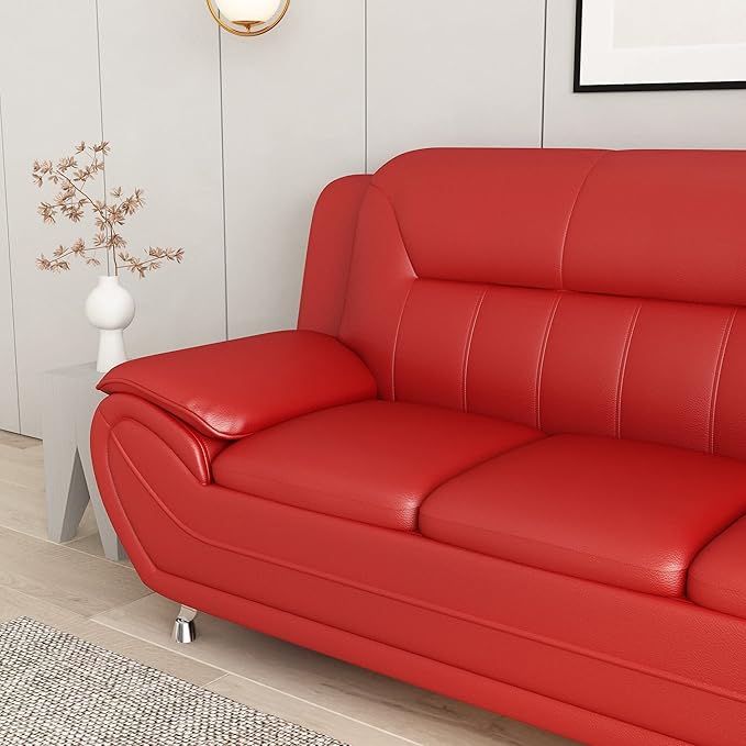 Container Furniture Direct Michael Modern Faux Leather Upholstered Stainless Steel Legs Living Room Sofa, Persian Red