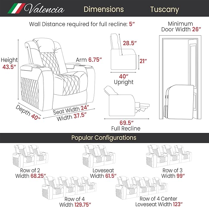 Valencia Tuscany Home Theater Seating | Premium Top Grain Italian Nappa 11000 Leather Power Recliner with Power Lumbar Support & Headrest (Single Recliner, Charcoal Grey)