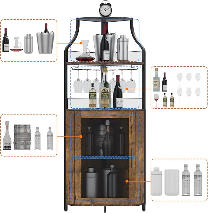 GAOMON Corner Wine Cabinet with Removable Wine Rack, Wine Bar Cabinet with Barn Door and Adjustable Shelves, Industrial Wine Cabinet for Dining Room, Living Room,Kitchen (Retro Brown)