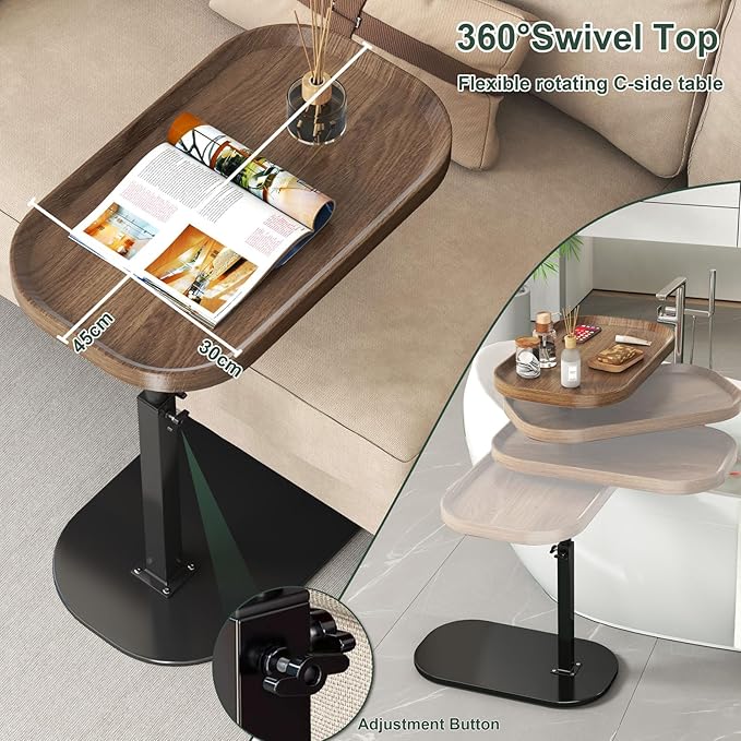 C Shaped Side Table Adjustable Height, 360°Swivel C Shaped End Table, Couch Side Tables That Slide Under, Small Coffee C Table End Table for Sofa/Bed/Bathtub, Rotating Elevate Tabletop (Wood)