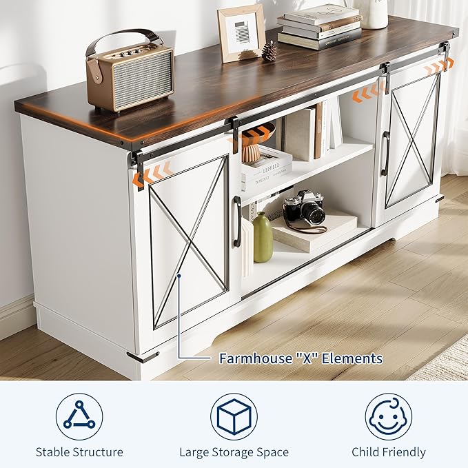 GarveeHome Farmhouse TV Stand for TV up to 65 Inches and Entertainment Center with Sliding Barn Doors, Tv Media Console Table with Storage Cabinet for Living Room, Bedroom, White & Brown