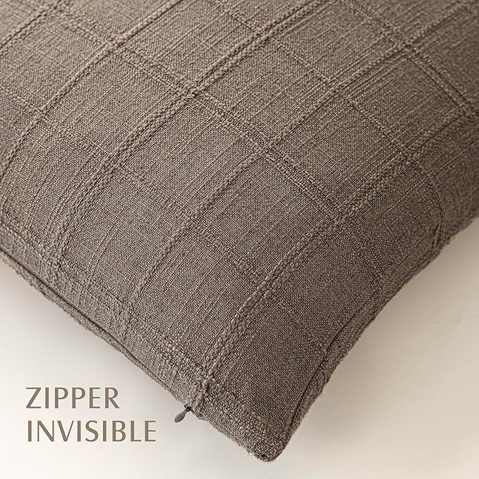Foindtower Set of 2 Decorative Linen Check Throw Pillow Covers Neutral Farmhouse Lumbar Cushion Covers Modern Boho Home Decor for Sofa Chair Couch Bedroom Living Room Outdoor,12×20 Inch,Taupe Grey