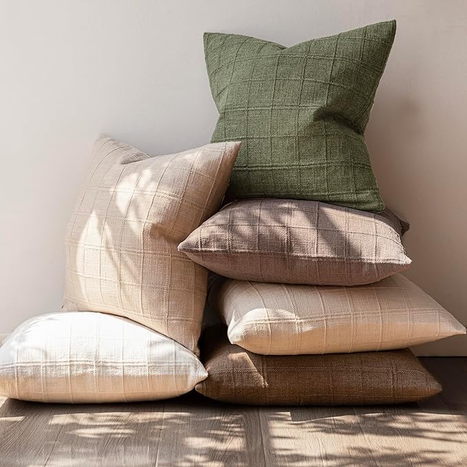 Foindtower Set of 2 Decorative Linen Check Throw Pillow Covers Neutral Farmhouse Lumbar Cushion Covers Modern Boho Home Decor for Sofa Chair Couch Bedroom Living Room Outdoor,12×20 Inch,Sage Green