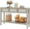 Entryway Table, Rattan Console Table with 3 Storage Drawers and Storage Shelf, Sofa Table with Socket, for Entryway, Living Room, Behind Couch and Hallway (Grey)