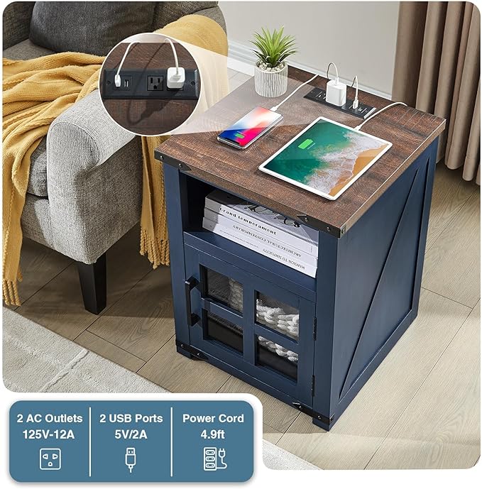 Farmhouse Nightstand with Charging Station, Rustic End Table with Tempered Glass Barn Door, Wood Sofa Side Bedside Table with Open Storage Shelf for Living Room, Bedroom, Blue