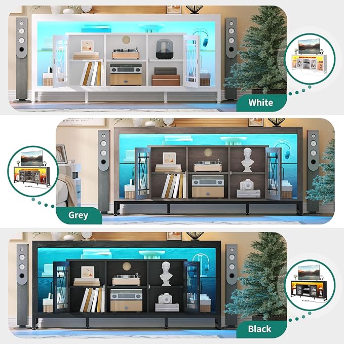 YITAHOME 33.5'' Tall TV Stand for 75 inch TV, LED Entertainment Center with Storage, Black TV Stands for Living Room with Acrylic Doors & Power Outlets, Tall TV Console Cabinet, White