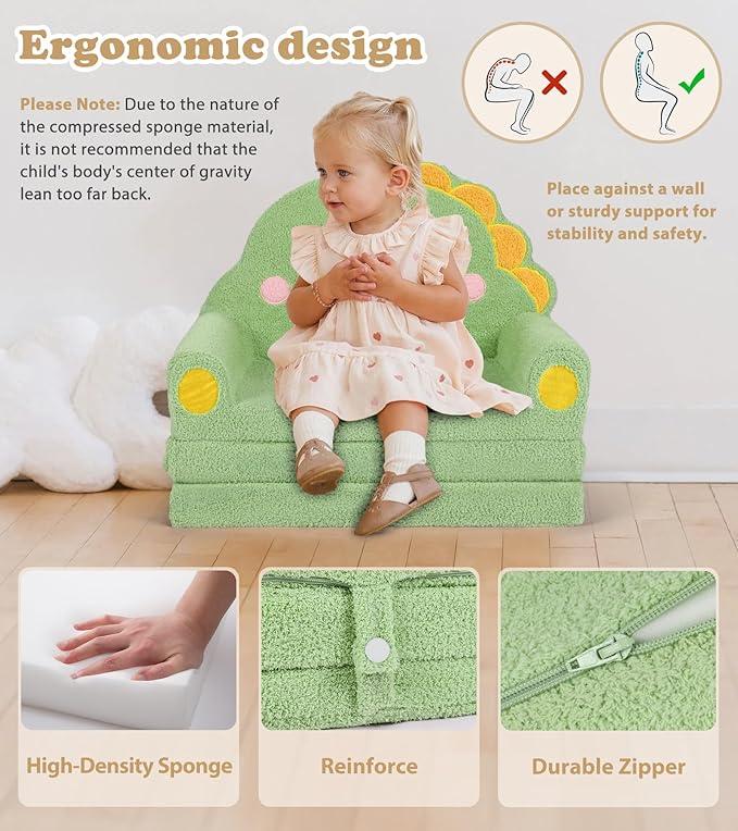 Kids Couch, 2-in-1 Soft Toddler Couch Fold Out with Blanket, Chair Comfy, Foldable Convertible Plush Sofa to Lounger, Gifts for Kids Girl Boys, Dinosaur