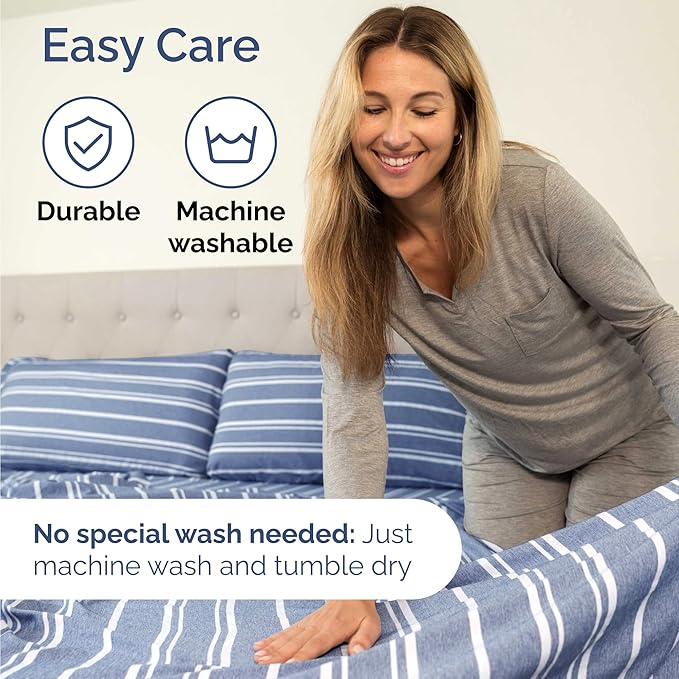 Twin Size 3 Piece Sheet Set - Comfy Breathable & Cooling Bed Sheets Set - Hotel Luxury Bedding for Women, Men, Kids, Teens, Boys & Girls - Deep Pockets, Soft, Wrinkle Free - Oeko-Tex - Blue Stripes 3