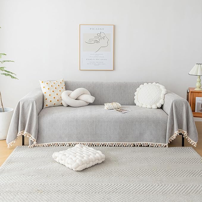 HANDONTIME Grey Sofa Cover for 3 Seat Couch - Dog Resistant, Light Grey, 91" X134", Tassel Chenille Herringbone