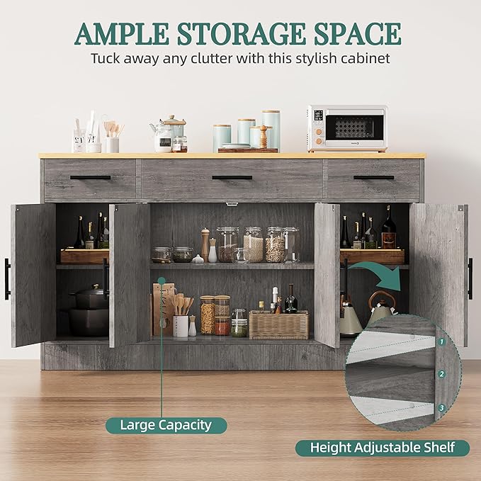 Shintenchi Buffet Cabinet with Storage,53.4" Large Kitchen Storage Cabinet with 3 Drawers and 4 Doors,Wood Farmhouse Buffet Sideboard with Adjustable Shelf for Kitchen Living Room,Ash Grey