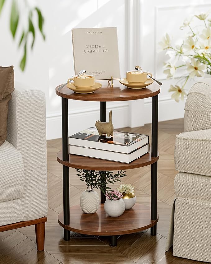 Small Round Side Table - 3-Tier Oval Accent Table for Small Spaces, Rustic Wood and Metal Couch End Table, Nightstand for Bedroom or End Table Living Room, Set of 2, Rustic Walnut