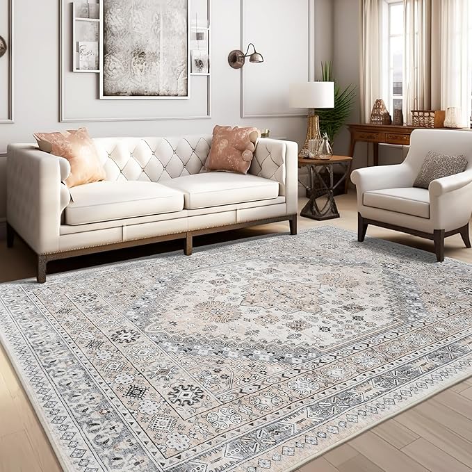 zesthome 4x6 Rug - Stain Resistant Washable Rug, Anti Slip Backing Rugs for Living Room, Foldable Vintage Small Area Rugs ((Beige,4'x6')