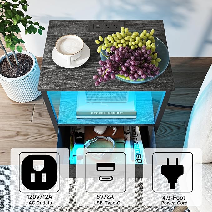 TUTOTAK LED End Table with Charging Station, Nightstand with Cloth Drawer, Side Table with 1 USB Port and 1 Type-C Port, Set of 2, Couch Table, Black TB01BK052L