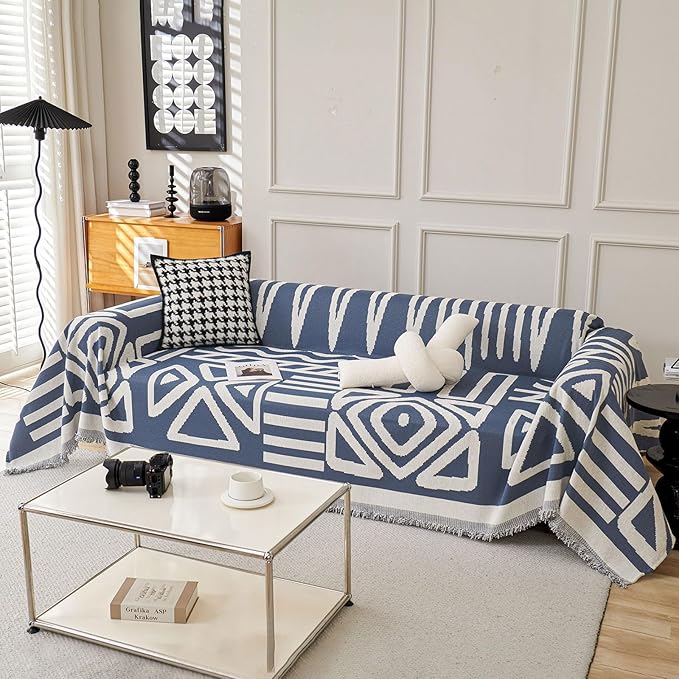 STACYPIK Boho Chenille Blue Sofa Cover L Shaped Couch Cover Reversible Couch Cover for 3 Cushion Couch Non-Silp Furniture Cover for Dogs Cats Sectional Sofa Cover for Loveseat Futon Cover-91X150IN