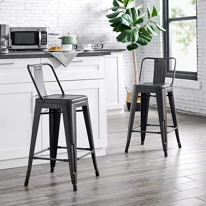 AC Pacific 24” Metal Barstool Set of 4 – Country Rustic Style with Low Back, Lightweight & Sturdy Build, Easy Assembly – Matte Black
