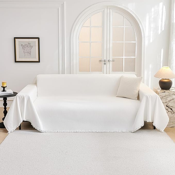 MYSKY HOME Oversized Sofa Cover for 3 Cushion L Shaped Sectional Couch, Pet Friendly Non Slip Furniture Protector for Kids, Dogs, 91"x150", White