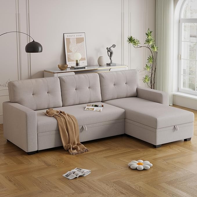 Ball & Cast Convertible Sectional Sleeper Sofa Bed L Shaped 4 in 1 Pull Out Couch with Reversible Storage Chaise & Removable Back Cushions,Sleeper Corner Pull Out Sofa Bed Couch for Living Room,Office