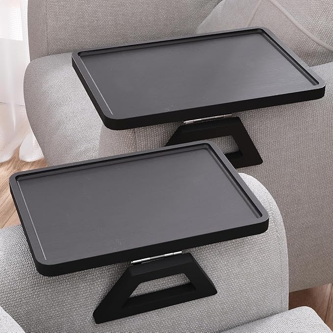 2 Pack Couch Arm Tray,Bamboo Folding Sofa Tray,Sofa Armrest Trays Clip-On Couch Desk for Drinks,Snacks,Phone,Remote Control（Black）