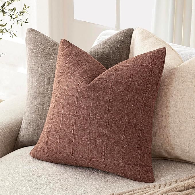 Foindtower Set of 2 Decorative Linen Check Throw Pillow Covers Neutral Farmhouse Vintage Cushion Covers Modern Boho Home Decor for Sofa Chair Couch Bedroom Living Room Outdoor,24×24 Inch,Autumnal Red