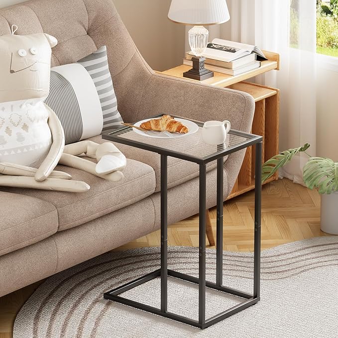 C Shaped End Table, Glass Couch Side Tables for Living Room, Small Modern Sofa Table with Metal Frame, TV Tray Table for Bedroom, Office, Small Space, Black