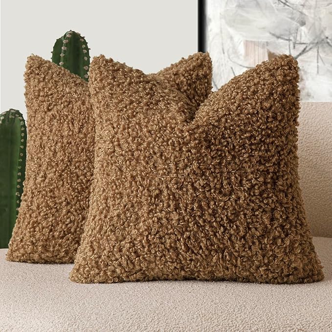 Foindtower 2 Pieces 16x16 Inch Dark Bronze, Faux Fur Throw Pillow Cover Accent Sherpa Furry Pillow Covers Fuzzy Soft Pillowcases Cozy Sheepskin Decorative Fleece Cushion Case for Bed Couch Living Room