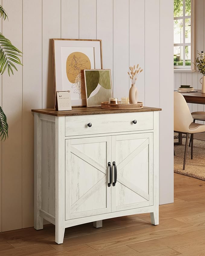VASAGLE LIRY Collection - Buffet Cabinet, Coffee Bar Cabinet with a Drawer, Adjustable Shelf, Sideboard Storage with Cable Hole, Drawer Divider, Rustic White and Honey Brown UBBK341W01