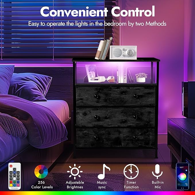 3 Drawers Dresser with Charging Station, 24 Inch Wide LED Night Stand Set 2 with Adjustable Fabric Drawer, Nightstand with Storage Shelf for Living Room/Bedroom/Office, Black.