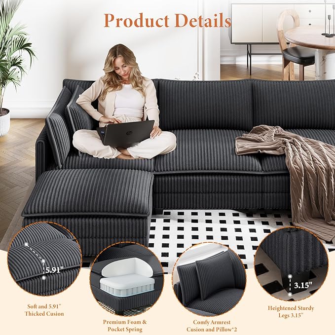 Vesgantti 143" L Shaped Modular Sectional Sofa, Comfy Corduroy Upholstered Modular Sectional Couches for Living Room, Modern Cloud Couch with Ottoman Deep Seat, Dark Grey