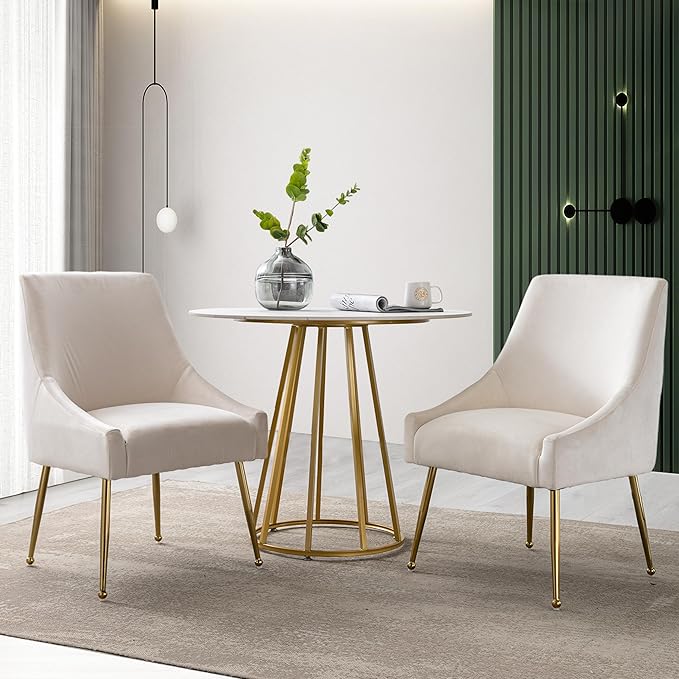 Modern Velvet Dining Chairs Set of 2, Contemporary Upholstered Furniture Collection with Polished Gold Metal Legs, Elegant Accent Chairs for Kitchen Living Room(White)
