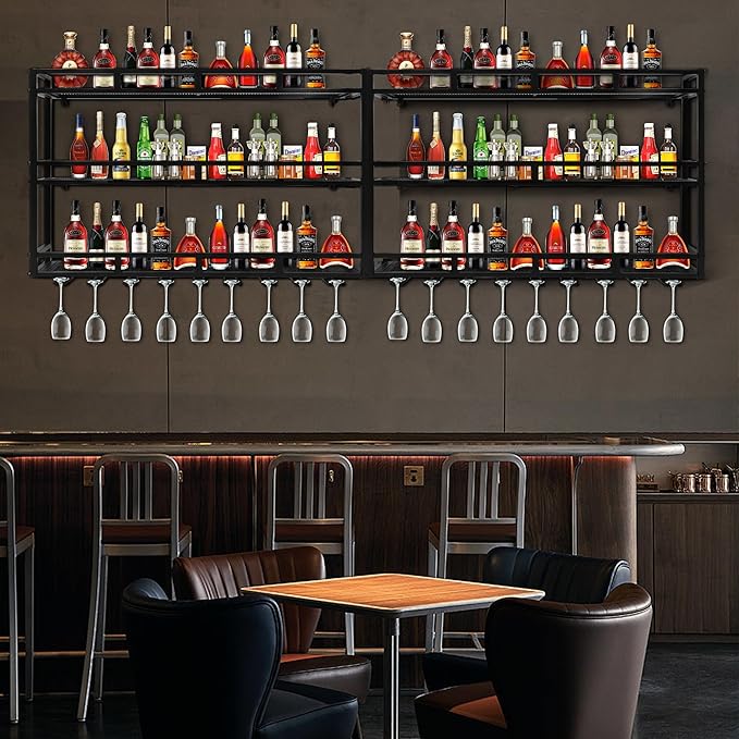 Metal Wine Rack Wall Mounted, Bar Shelves for Liquor Bottles with LED Light, 3 Tier Large Capacity Liquor Rack Wall Mounted with Glass Holder for Home Bar & Dining Room （Black, 59in/150cm）