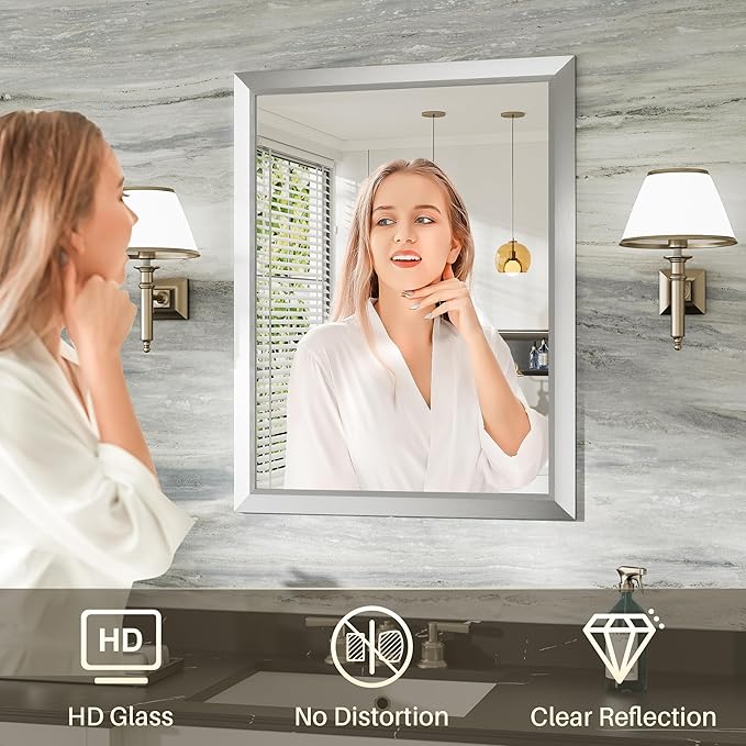 36x36 Inch Silver Bathroom Mirror for Wall, Thick Metal Framed Rectangle Mirrors for Over Sink, Bedroom, Living Room, Entryway, Anti-Rust, HD Tempered Glass