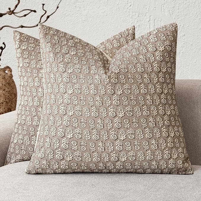 Foindtower Set of 2 Decorative Vintage Floral Print Throw Pillow Covers Neutral Modern Farmhouse Cushion Covers Boho Home Decor for Sofa Couch Chair Bedroom Living Room Outdoor,22×22 Inch,Tan Taupe