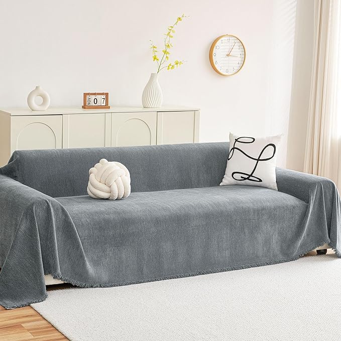 hyha Couch Cover for Dogs, Boho Sofa Covers for 3 Cushion Couch Washable, Chenille Sofa Slipcover for Pets, Soft Loveseat Sectional Couch Throw Blankets with Tassels (Grey, 71x134 Inch)