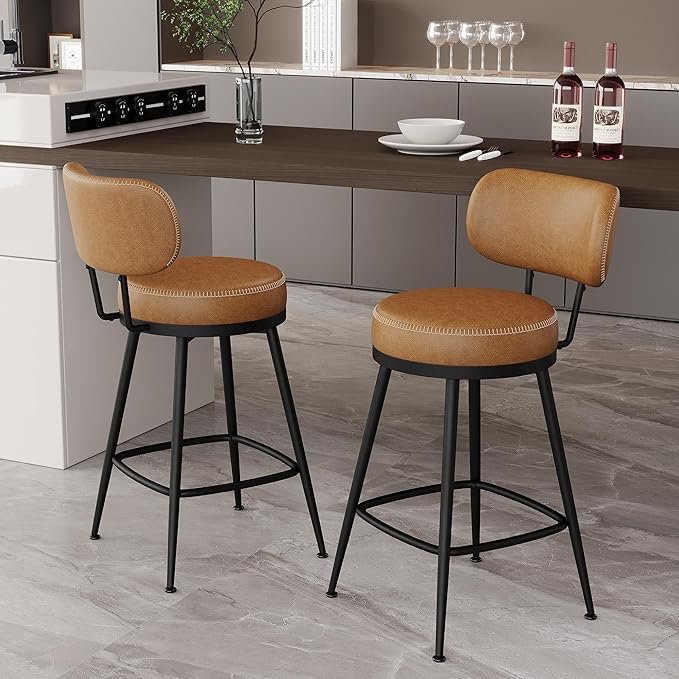 Counter Height Bar Stools, 26" H Swivel Barstools Set of 6, Faux Leather Kitchen Counter Stools with Back and Stylish Stitching, Metal Frame, Pub, Home Bar, Whisky Brown
