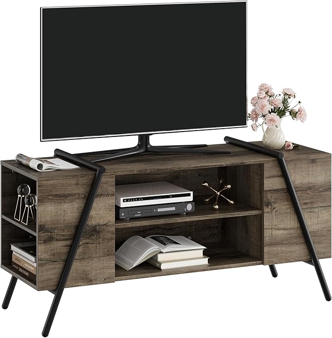 Garvee 47 Inch TV Stand with Slanted Metal Legs, Industrial Media Console with Adjustable Open Shelves, Wooden Entertainment Center Television Stand for Living Room, Bedroom, Oak