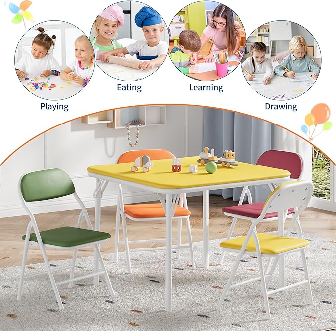GarveeHome 5-Piece Kids Folding Table and Chairs Set, Toddlers Children's Activity Table and Chairs Set for Dining Room,Daycare,Classrooms