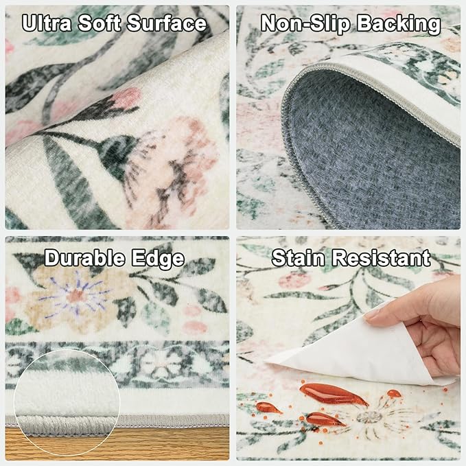 Area Rugs 9x12 Living Room: Floral Washable Rug Vintage Large Soft Boho Non-Slip Carpet Indoor Stain Resistant Low Pile Carpets for Bedroom Dining Room Farmhouse Nursery Home Office Green Beige