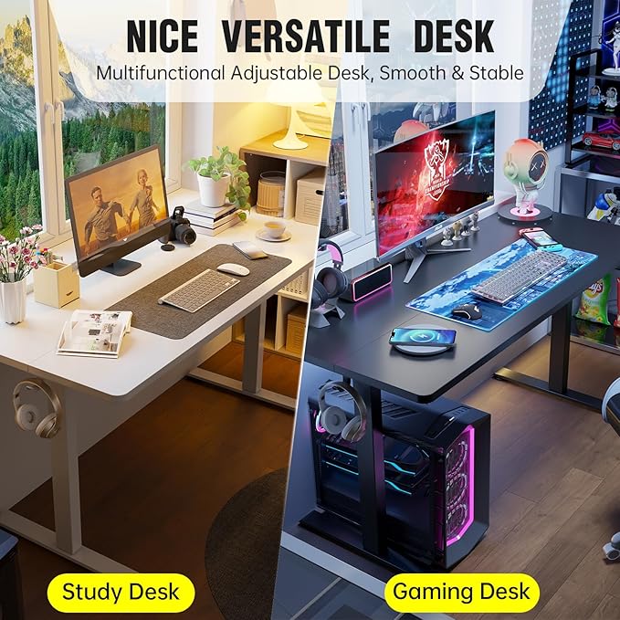 Veken 47.2 Inch Large Electric Standing Desk, 4 Memory Heights Adjustable,Sit to Stand Up, Work Home Office Computer Table for Study, Walking Pad, Writing, and Games, Wooden Desktop Desks, White