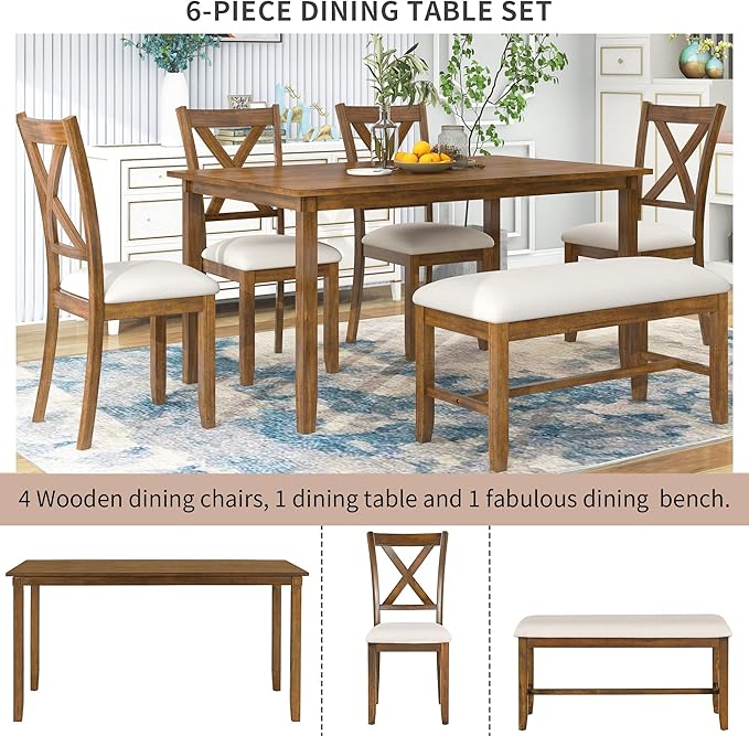 6 Pieces Dining Table Set with 60" Rectangle Kitchen Desk,Living Room Furniture W/ 4 "X-Shaped Curved Backres Fabric Chairs & 1 Bench,for Restaurant,Home Bistro,Natural Cherry