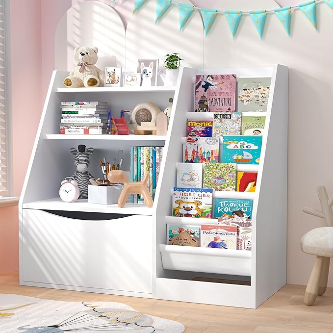 TOETOL Kids Bookshelf & Book Storage,3 Tier Wooden Toddler Bookshelf for Children,Nursery Book Shelves with 6 Sling,Organizer & Book Shelf for Kids Rooms,Bedroom,Playroom White