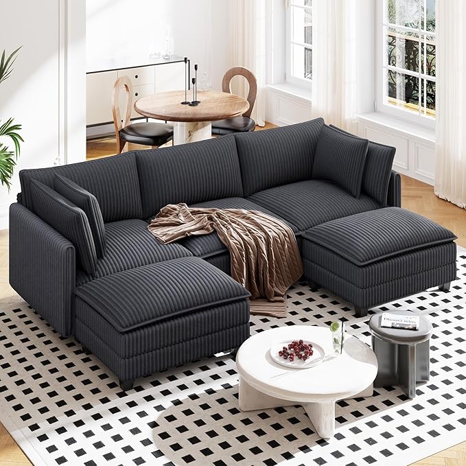 Vesgantti 109" U Shaped Cloud Sectional Sofa, Comfy Corduroy Upholstered Sectional Modular Sofas for Living Room, Modern Modular Couch with 2 Ottoman Deep Seat, Dark Grey