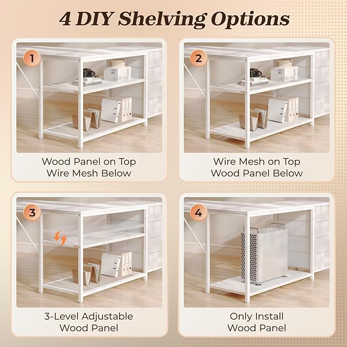 PRAISUN 53" L Shaped Desk with Power Outlets and USB-C Port, Reversible Computer Corner Office Desk with 4 Fabric Drawers and 2 Height-Adjustable Shelves, Large for Gaming Writing Work Study, White
