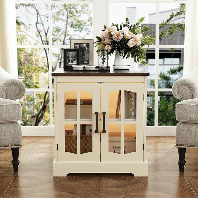ChooChoo Farmhouse End Table Set of 2, 24" Large Sofa Side Table with Charging Station & LED Light, Nightstand with Adjustable Storage Shelf for Living Room Beige (Cream Mix with White)