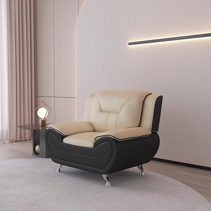 Container Furniture Direct Michael Modern Faux Leather Upholstered Stainless Steel Legs Living Room, Chair, Black Camel